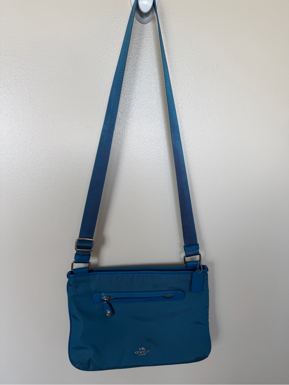 COACH Blue Nylon Crossbody Bag Messenger Shoulder Bag Leather Trim Zip Top - Picture 2 of 14